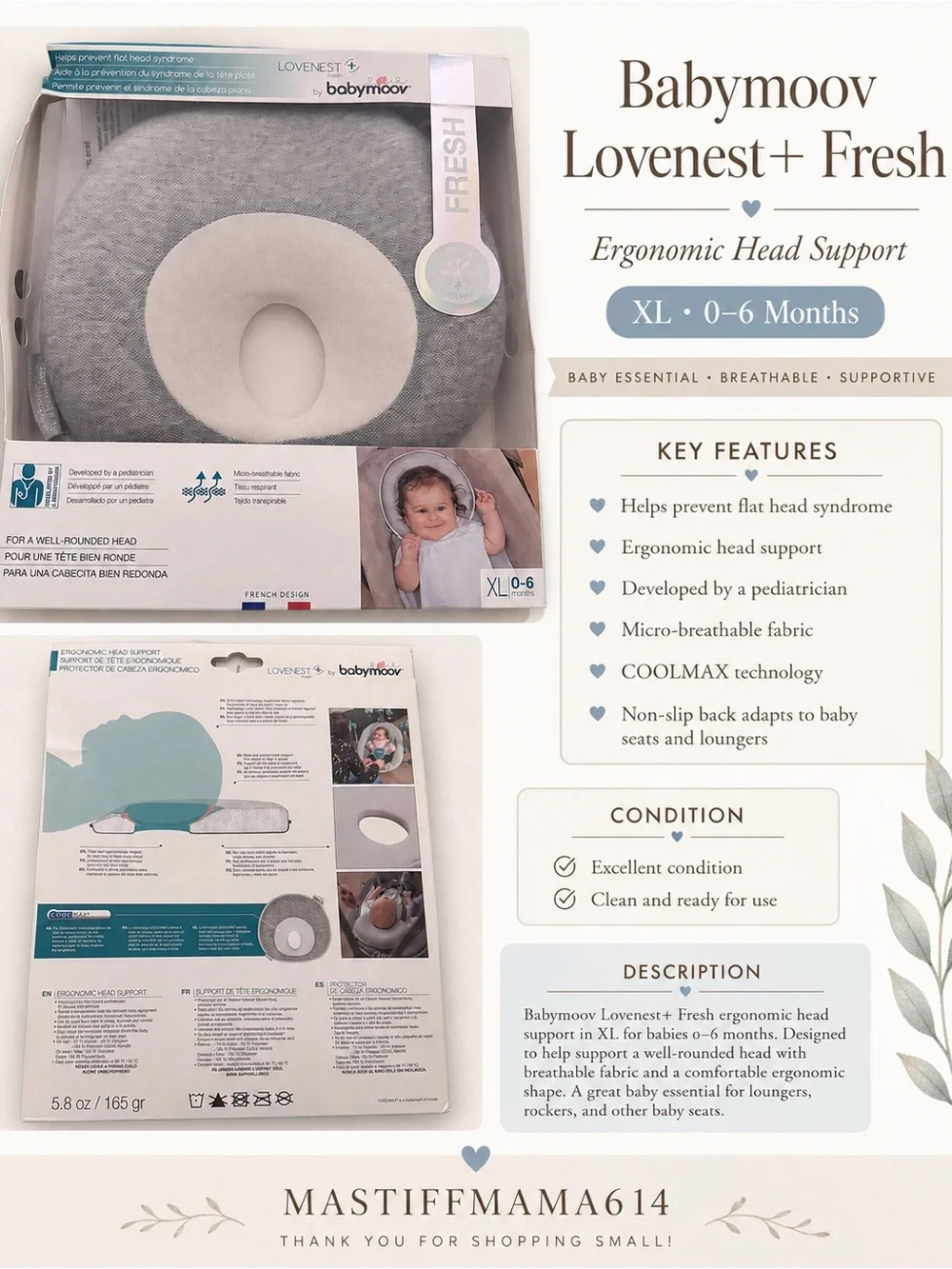 Babymoov Lovenest+ Fresh Ergonomic Head Support Pillow - Gray